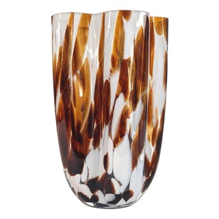 Cognac Amber Wavy Speckled Handcrafted Art Glass Vase For Sale