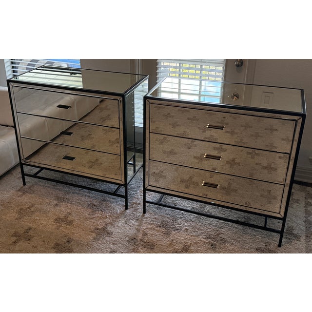 Set of 2 Contemporary Mirrored High Fashion Home "Upton" Nightstands With Black Metal Base For Sale In Austin - Image 6 of 11