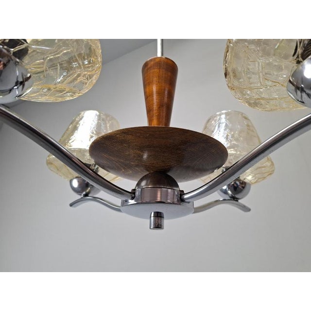 Mid-Century Modern Czech Glass, Wood and Chrome 4-Armed Chandelier from Napako, 1960s For Sale - Image 11 of 18