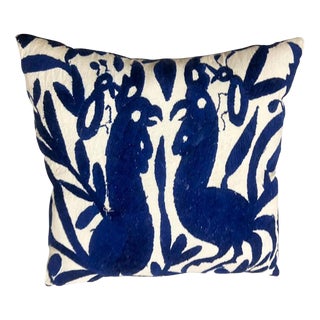 Accent Pillow in Blue Otomi Hand Embroidery and Blue Velvet For Sale