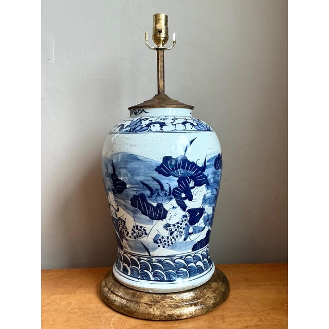 Chinoiserie Antique Style Blue Ceramic Lamp With Wooden Base For Sale - Image 3 of 17