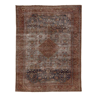 19th Century Antique Mahal Wool Rug With Faded Indigo & Rust Medallion For Sale