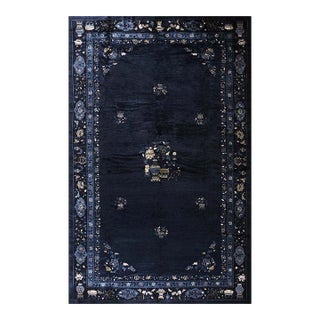 1920s Antique Navy Blue Vase Floral Deco Antique Chinese Peking Knotted Rug For Sale