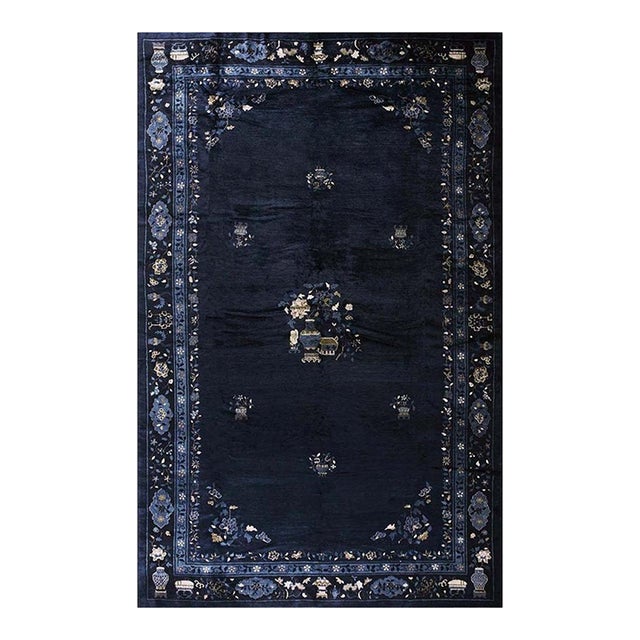 1920s Antique Navy Blue Vase Floral Deco Antique Chinese Peking Knotted Rug For Sale