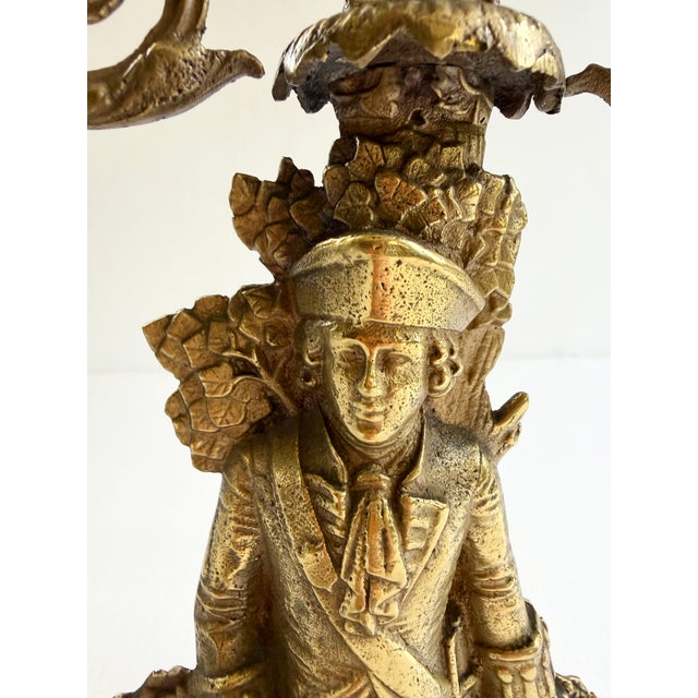 Victorian Antique Brass Soldier Victorian 3 Arm Girandole Candlestick With Marble Base & Prisms For Sale - Image 3 of 17