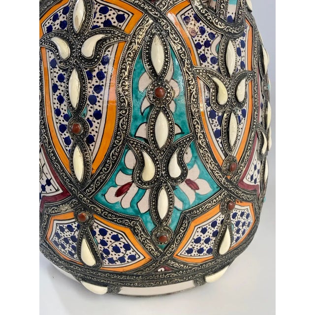 Vintage Moroccan Palatial Lidded Pottery Vase or Urn With Brass Inlay, a Pair For Sale - Image 9 of 13