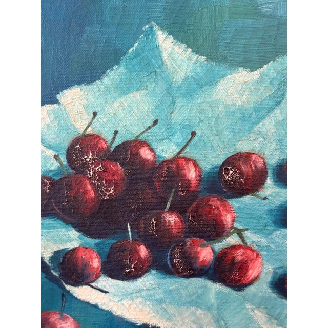 Vintage Still Life Oil Painting With Cherries Blue Signed Ivanisevic For Sale - Image 10 of 12