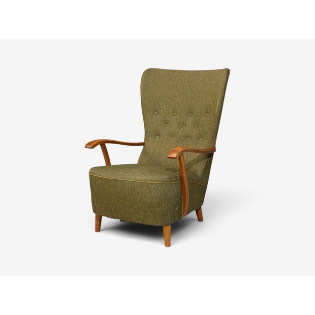 1950s Danish Modern, Highback Lounge Chair, Elm, Wool, Denmark, 1950s For Sale - Image 5 of 12