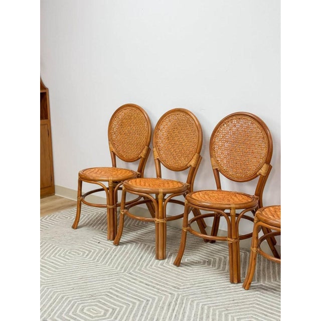 Beige Late 20th Century Cane Rattan Round Dining Chair Set Four Cushion Coastal Hollywood Regency For Sale - Image 8 of 10