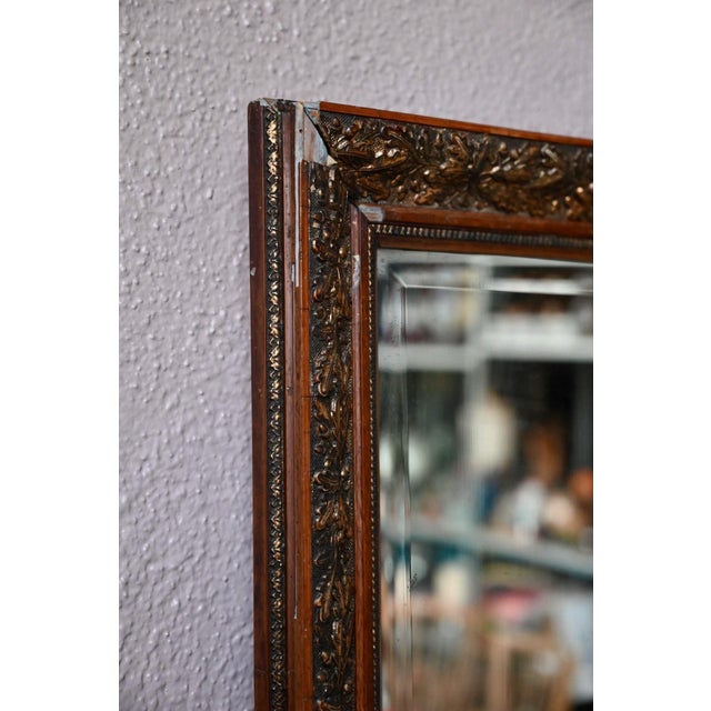 Antique Bohemian Mirror in Embossed Metal Frame with Oak Leaves, 1950s For Sale - Image 6 of 10