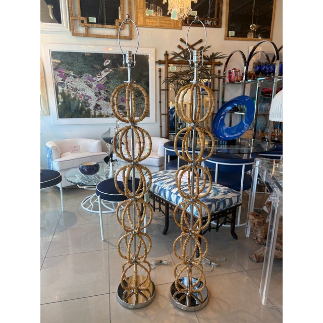 Vintage Modern Italian Bamboo & Chrome Floor Lamps Newly Wired - Pair For Sale - Image 13 of 13