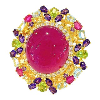 Bochic “Orient” Ruby & Fancy Multi Color Gems Large 18k Gold & Silver Cocktail Ring Size 4.5 For Sale