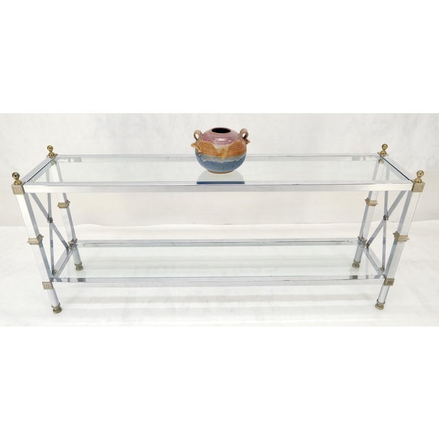 Two Tier Glass Shelves Chrome & Brass Rectangle 60" Long Italian Console Table For Sale - Image 12 of 14
