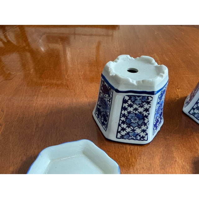 Blue & White Petite Hexagonal Floral PlantersWith Marching Drip Trays Set of 3 For Sale - Image 9 of 9