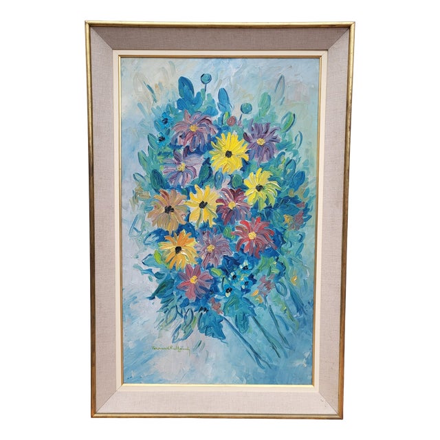 Fernand Rolland, Bouquet of Dahlias, 1961, Oil, Framed For Sale