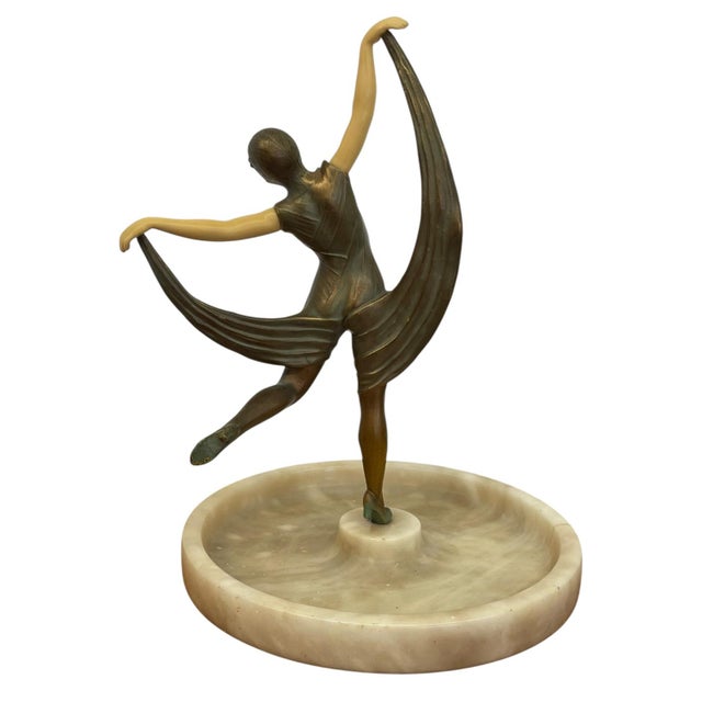 1970s Art Deco Style Figural Dancer Sculpture With Marble Dish. For Sale - Image 4 of 10