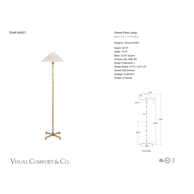Visual Comfort Signature Grenol Floor Lamp in Hand-Rubbed Antique Brass with Linen Shade Designer: Visual Comfort...