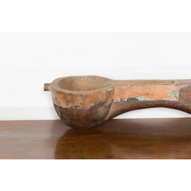Asian Antique Indian Wooden Hanging Ladle with Rustic Patina and Scrolling Motifs For Sale - Image 3 of 11