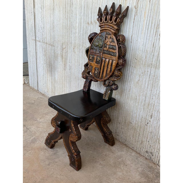 20th Century Pair of Spanish Polychromed Sgabello Carved Side Chair or Stool For Sale - Image 17 of 18