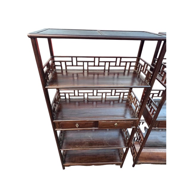 1990s Chinese Chippendale Rosewood Étagères With Fretwork a Pair For Sale - Image 12 of 17