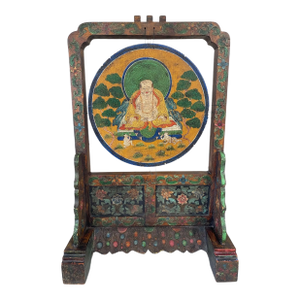 Rare Large Vintage Tibetan Wood Buddha Gong & Stand 32.5" H