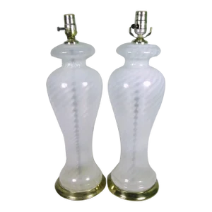 Pair Murano Style White Swirl Glass Lamps