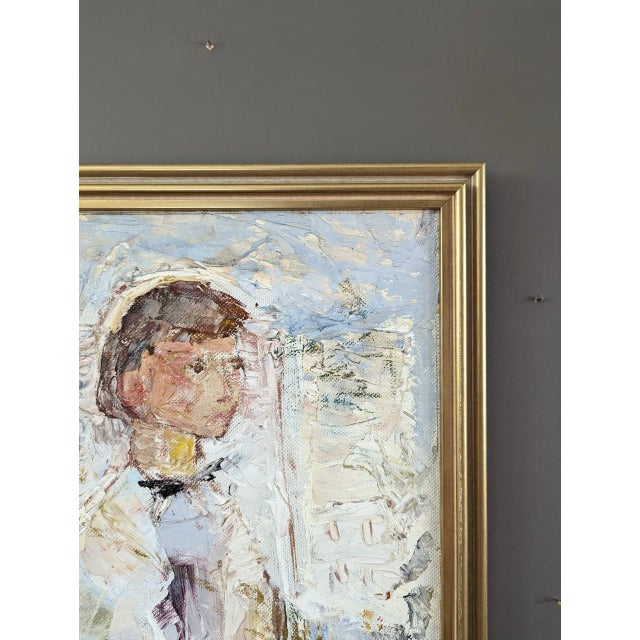 Paint 1976 Mid-Century Modern "At Your Service" Vintage Figurative Oil Painting, Framed For Sale - Image 7 of 12