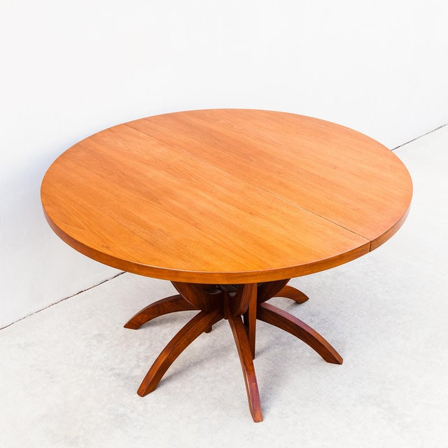 Monumental Mid Century Modern Expandable Pedestal Base Dining Table in Walnut For Sale - Image 15 of 15
