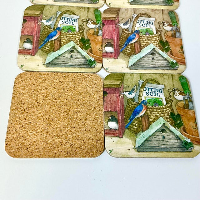 Late 20th Century Americana Birds and Spring Planting Motif Coasters - Set of 6 For Sale - Image 6 of 8