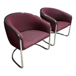 Thonet Chrome “Club Tub” Chairs in Mauve Fabric - a Pair