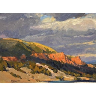 Red Cliffs by Tim Deibler | Oil Painting of red cliffs under a cloudy sky For Sale