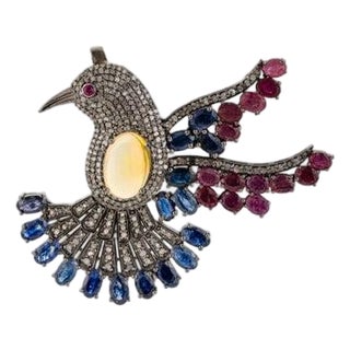 Vintage-Inspired Opal Ruby Sapphire and Diamond Bird Brooch Cum Pendant For Sale