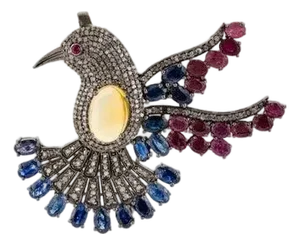 Vintage-Inspired Opal Ruby Sapphire and Diamond Bird Brooch Cum Pendant