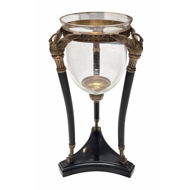 Bronze Pair of French Empire Style Bronze Swan & Glass Hurricane Lamp Candle Holders For Sale - Image 8 of 9