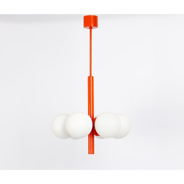 Wonderful sputnik pendant light made by kaiser leuchten, germany, circa 1970-1979. Great atomium-shaped chandelier with 6...