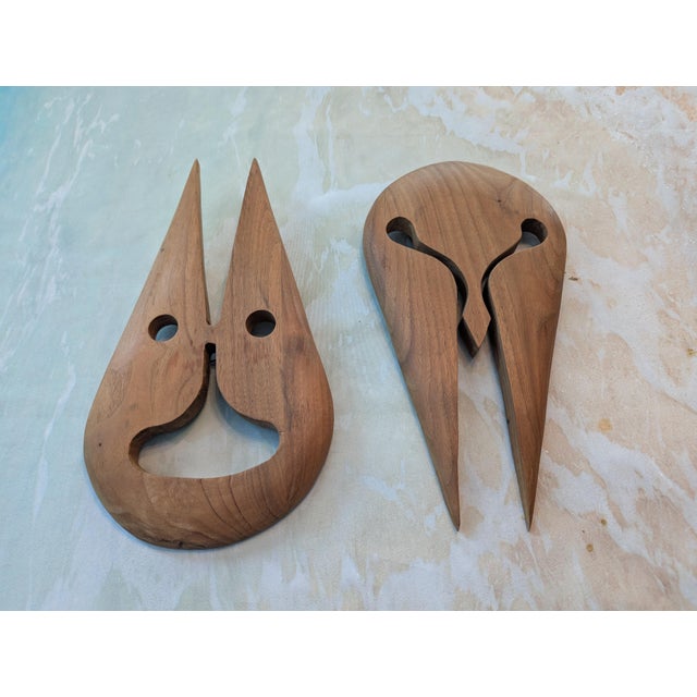 1970s Vintage Mid-Century Modern Abstract Teak Wood Wall Masks - A Pair For Sale - Image 11 of 12