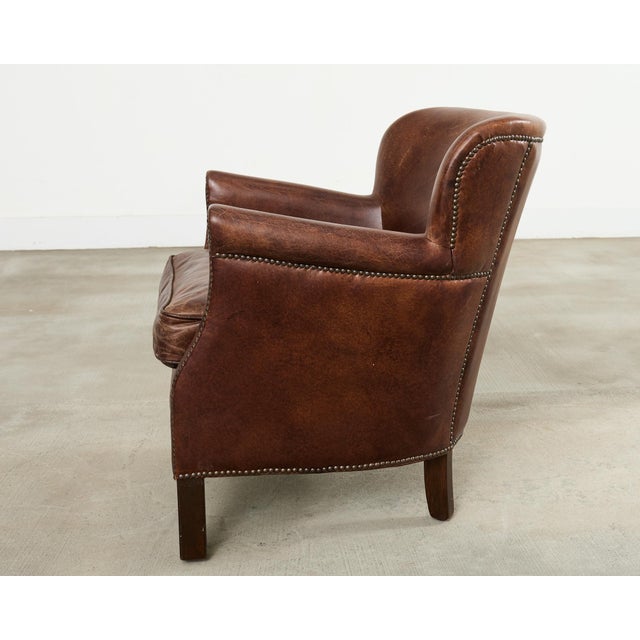 French Art Deco Style Cigar Leather Wing Back Club Chair For Sale - Image 14 of 17