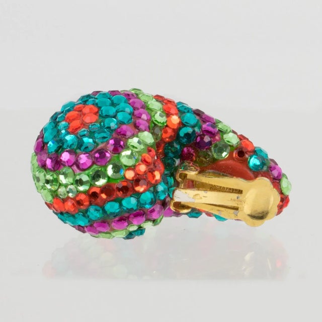 Contemporary Richard Kerr Nautilus Shaped Multicolor Crystal Paved Pair of Clip Earrings For Sale - Image 3 of 11