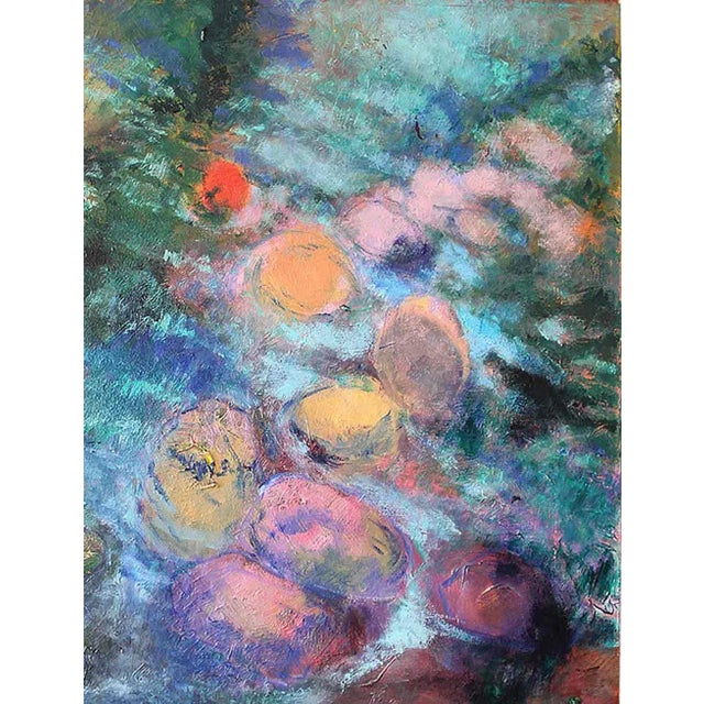 Vintage contemporary painting titled 'Riverbed'’ depicting water running over rocks in a river. Oil on stretched canvas,...