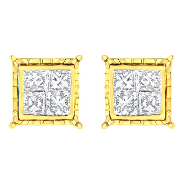 14K Yellow Gold 1.0 Cttw Invisible Set Princess-Cut Diamond Composite 8 Stone Stud Earrings (I-J Color, SI1-SI2 Clarity) For Sale