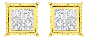 14K Yellow Gold 1.0 Cttw Invisible Set Princess-Cut Diamond Composite 8 Stone Stud Earrings (I-J Color, SI1-SI2 Clarity)