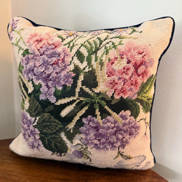 Vintage Hydrangea Blossoms Floral Needlepoint Accent Pillow For Sale In Raleigh - Image 6 of 6
