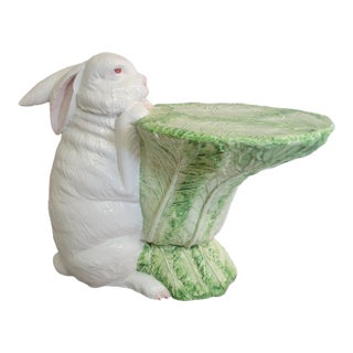 Italian Porcelain Rabbit Sculptural Accent Table Stand With Lettuce Cabbage Leaf Top, C. 1970s For Sale