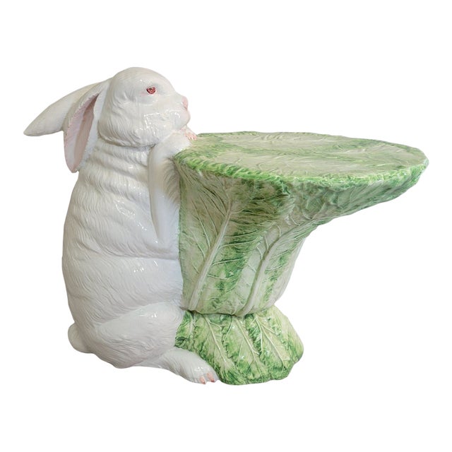 Italian Porcelain Rabbit Sculptural Accent Table Stand With Lettuce Cabbage Leaf Top, C. 1970s For Sale