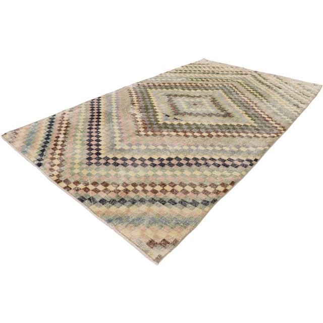 distressed vintage Turkish Sivas rug with Modern Cubist style. This hand knotted wool distressed vintage Turkish Sivas rug...