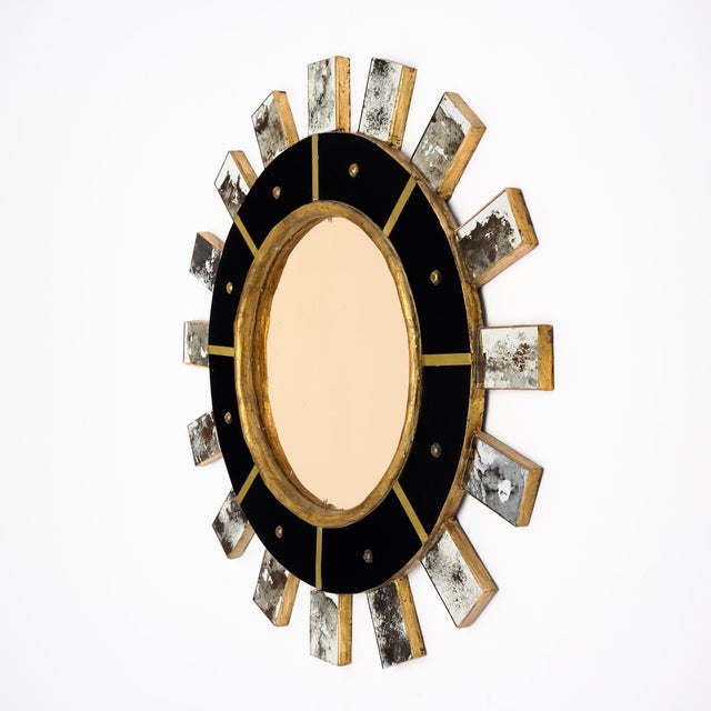 Spanish Spanish Modernist Sunburst Mirror in Giltwood, Black Glass and Brass, Circa 1990 For Sale - Image 3 of 9
