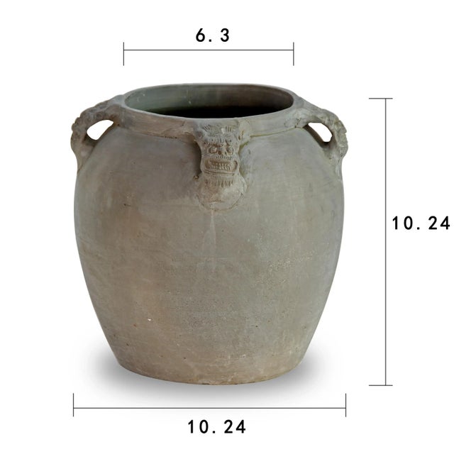 Early 20th Century Vintage Gray Ceramic Pottery Vase With Four Lion Handles For Sale - Image 4 of 4