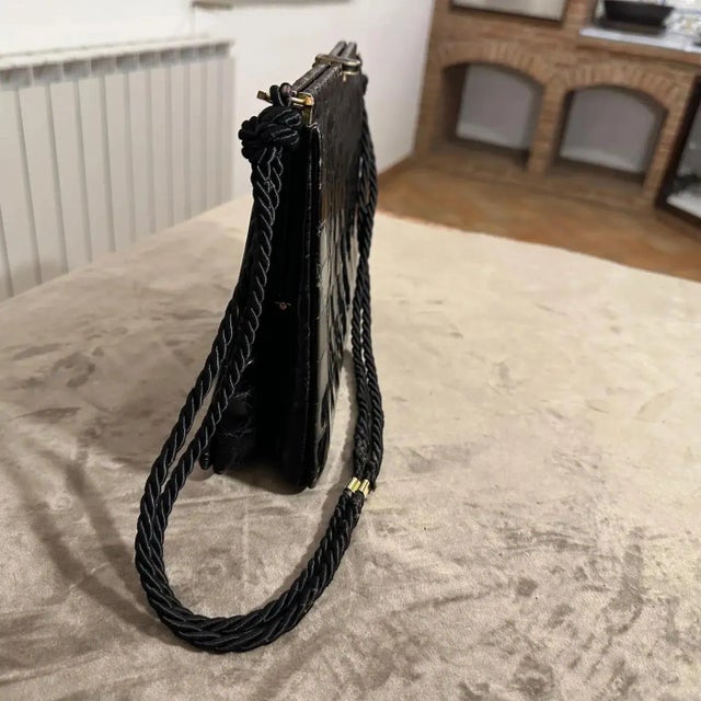 1970s 1970s High Quality Black Leather and Rope Italian Cross Body Bag For Sale - Image 5 of 13