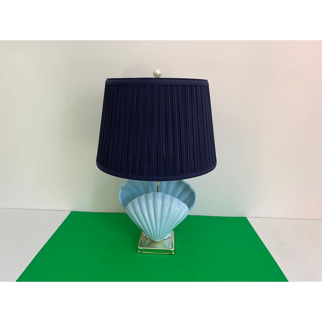 Sky Blue Ceramic Shell Lamp & Shade, C1970 For Sale - Image 10 of 12