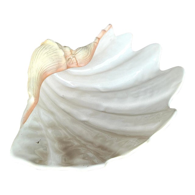Vintage Coastal Glazed Ceramic Clam Shell For Sale
